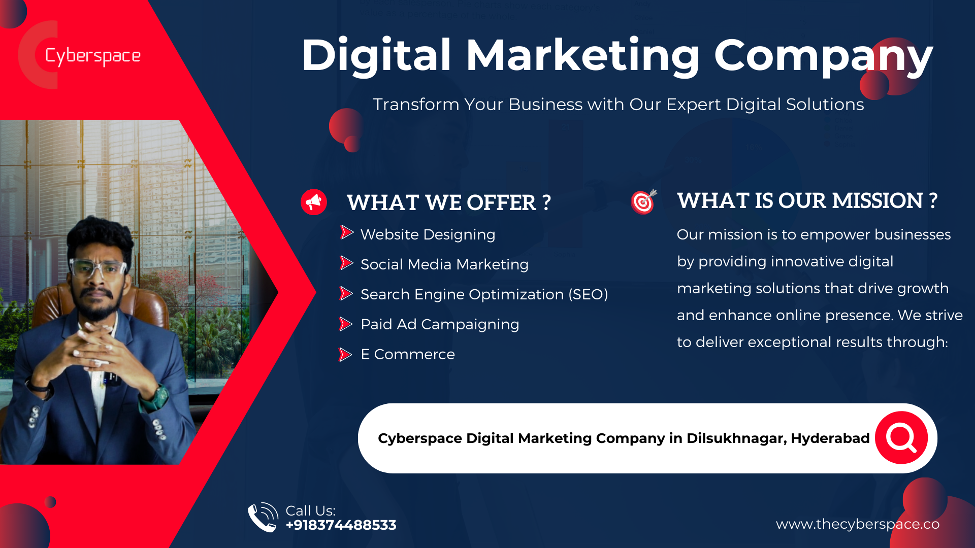 A creative display of digital marketing icons and a vibrant team collaborating on a social media marketing strategy, representing Cyberspace Digital Marketing Services.